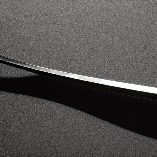 Image similar to Katana made out of a water Blade reflecting all light, white background with shadows, 40nm lens, shallow depth of field,
