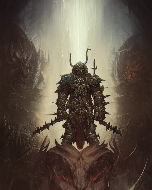 Image similar to Orc berserker, centered, portrait, symmetrical, Path of Exile, Diablo, Warhammer, digital painting, highly detailed, concept art, Nekro, Peter Mohrbacher, Alphonse Mucha, Brian Froud, Yoshitaka Amano, Kim Keever, Victo Ngai, James Jean