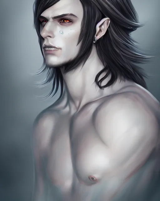 Prompt: portrait of a feminine male dark elf, dark obsidian skin, white tatoo, long hair, fantasy, elegant, intricate, highly detailed, digital painting, artstation, concept art, sharp focus, illustration