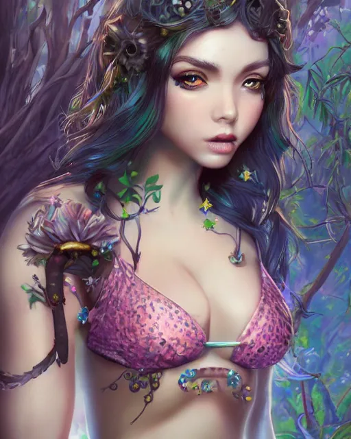 Prompt: A beautiful female maid with piercing eyes wearing a magical bikini in a magical forest, detailed face, fantasy art, in the style of artgerm, illustration, epic, fantasy, intricate, hyper detailed, artstation, concept art, smooth, sharp focus, ray tracing, vibrant
