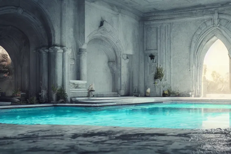 Prompt: serene pool in white citadel, hyper realistic, ambient lighting, concept art, intricate, hyper detailed, smooth, dynamic volumetric lighting, octane, raytrace, cinematic, high quality, high resolution, 4 k, cgsociety, rutkowski, gurney