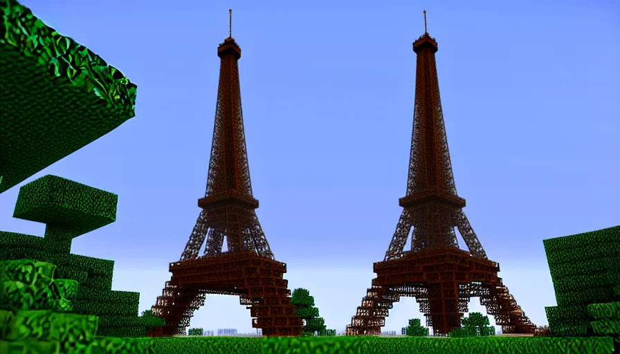 Image similar to minecraft screenshot of the eiffel tower in the middle of a forest, bokeh, high quality, promotional photograph, enb, godrays, ultra render, anti aliasing, post processing