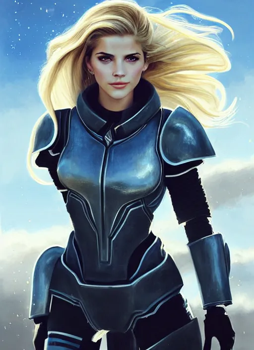 Image similar to portrait of a combination of Ashley Greene, Katheryn Winnick, Victoria Justice and Adriana Dxim, Grace Kelly, Emma Watson and Lily Collins with blonde hair wearing Terran Armor from StarCraft, countryside, calm, fantasy character portrait, dynamic pose, above view, sunny day, thunder clouds in the sky, artwork by Jeremy Lipkin and Giuseppe Dangelico Pino and Michael Garmash and Rob Rey and Greg Manchess and Huang Guangjian, very coherent asymmetrical artwork, sharp edges, perfect face, simple form, 100mm