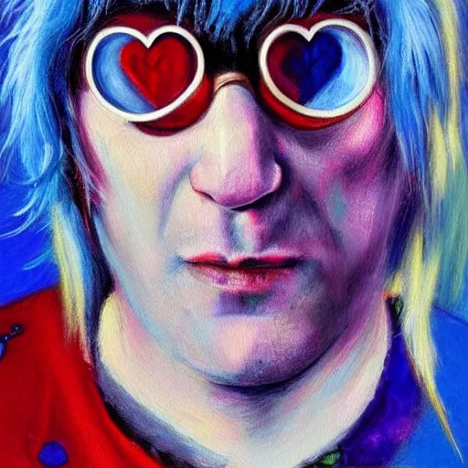 Prompt: midsommar blue hair elton john lennon, oil painting, emotional vision, artstation