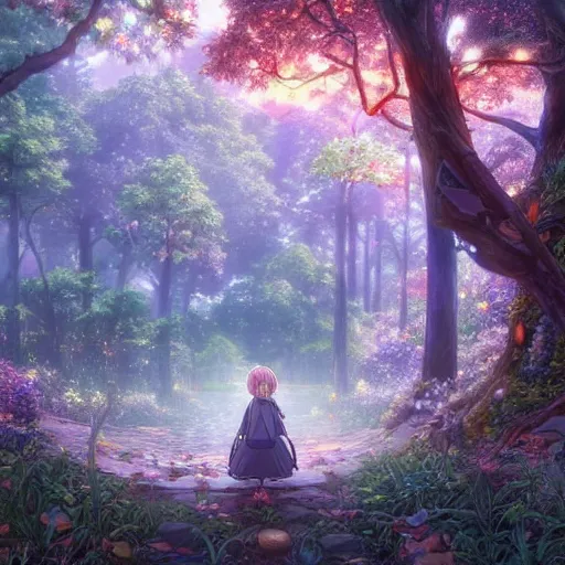 Prompt: the aesthetic view of the beautiful, grand, wistful, dreamy hidden forest at dusk, hyperrealistic anime illustration by iralki nadar, colorful, extremely detailed, intricate linework, super sharp focus, bright colors, octopath traveler, studio ghibli, unreal engine 5 highly rendered, global illumination, radiant light, detailed and intricate environment