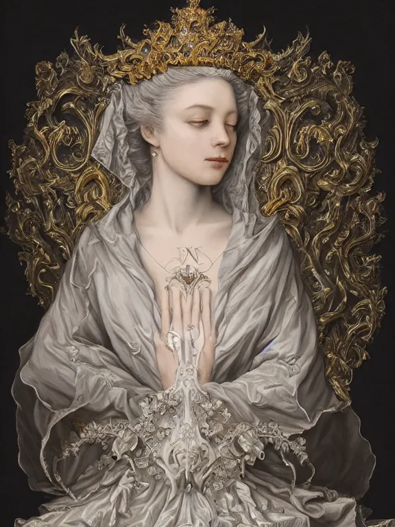 Image similar to a beautiful render of rococo catholic veiled queen with symmetry intricate detailed,by Nekro and aaron horkey and peter gric and Cedric Peyravernay and Billelis,Trending on artstation,ZBrush,masterpiece,maximalist,glittering,gold,silver，ivory,hyperreal