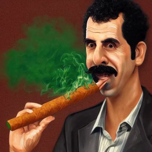 Image similar to Borat smoking a giant rolled cannabis cigarette, caricature, smoke, amazing detail, digital art, artstation