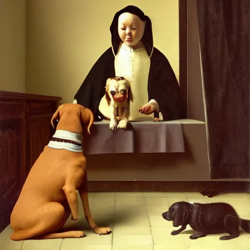 Prompt: dog feeding his pet human, an ultra high definition professional studio quality photograph, trending on artstation, vermeer.