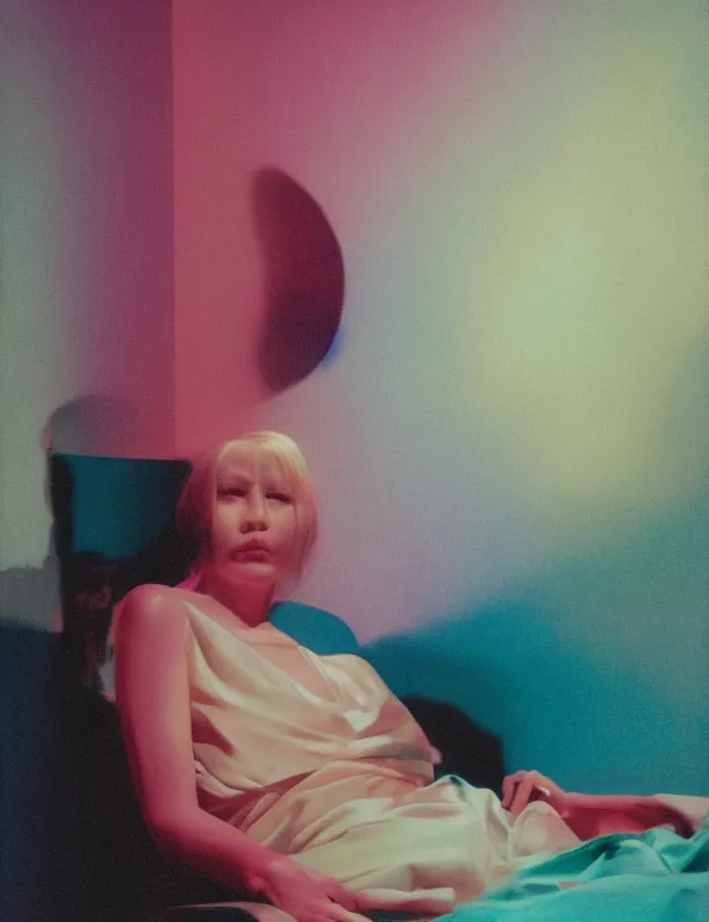 Image similar to woman in dark room sitting on a coach, blue rays from tv, redshift, wide shot, coloured polaroid photograph, pastel, kodak film, hyper real, stunning moody cinematography, by maripol, fallen angels by wong kar - wai, style of suspiria and neon demon, david hockney, detailed, oil on canvas