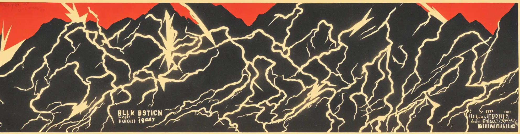 Prompt: balck montain with one lightning bolts in 1940s propaganda poster