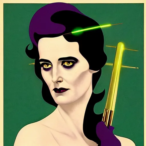 Image similar to Eva Green is Super Spy Captain, the Electric Woman, Art by Coles Phillips and Joshua Middleton, Chalk white skin, deep purple hair, Green eyes, Orange background, Mucha, Portrait of the actress, Eva Green as Metamorpho, carbon black and antique gold