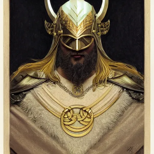 Image similar to pale, beautiful black-haired Viking lord wih sharp features, wearing a gilded black scale armor in the shape of art deco feathers and an arrogant heroic expression, by Greg Rutkowski, Brom, and Alphonse Mucha