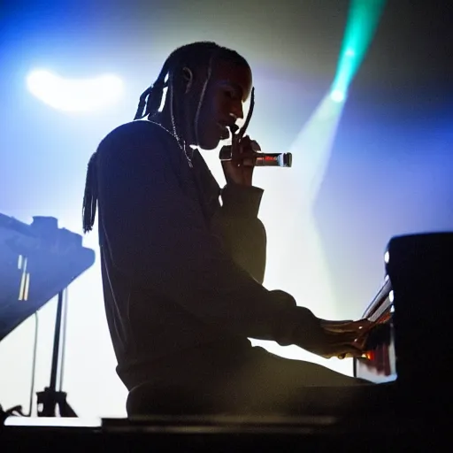 Image similar to Asap Rocky playing piano on stage during concert, highly realistic, photography, 50mm