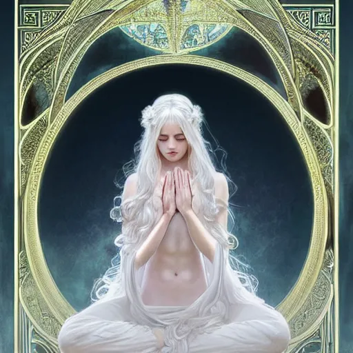 Image similar to goddess, white hair, long hair, hands spread out in prayer, intricate, elegant, ethereal, highly detailed, digital painting, artstation, concept art, smooth, sharp focus, illustration, art by artgerm and greg rutkowski and alphonse mucha