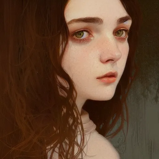 Image similar to portrait of a welsh teenage girl with brown hair, glowing skin, delicate features, amelie poulain, fantasy, intricate, elegant, dress shirt, highly detailed, digital painting, artstation, concept art, smooth, sharp focus, illustration, art by Krenz Cushart and Artem Demura and alphonse mucha