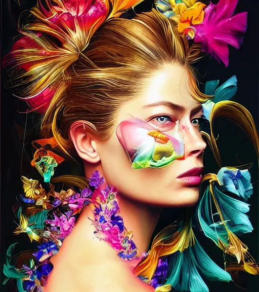 Prompt: beautiful painting of doutzen kroes, contemporary, colorful acrylic, airbrush painting, realistic portrait by kehinde wiley and archan nair