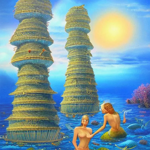 Image similar to highly detailed pleadian towers and worlds with mermaids swimming in the deep with blue hue oil painting