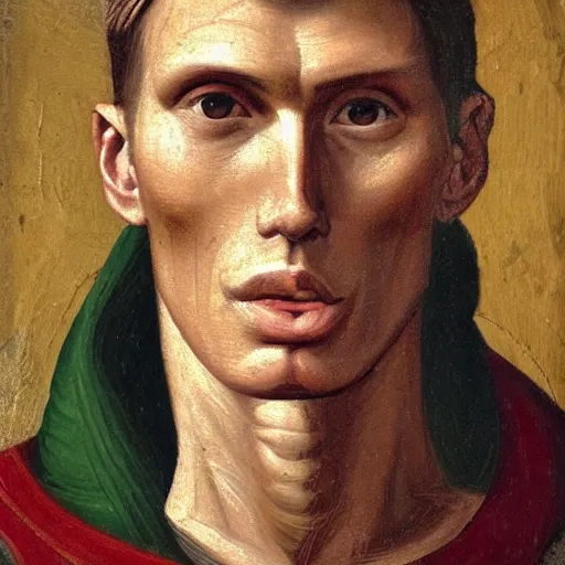 Prompt: A 11th century Italo-Byzantine oil painting of Jerma985, portrait of Jerma985, grainy, realistic, very realistic, hyperrealistic, highly detailed, very detailed, extremely detailed, very neat, very epic, very cool, detailed, trending on artstation