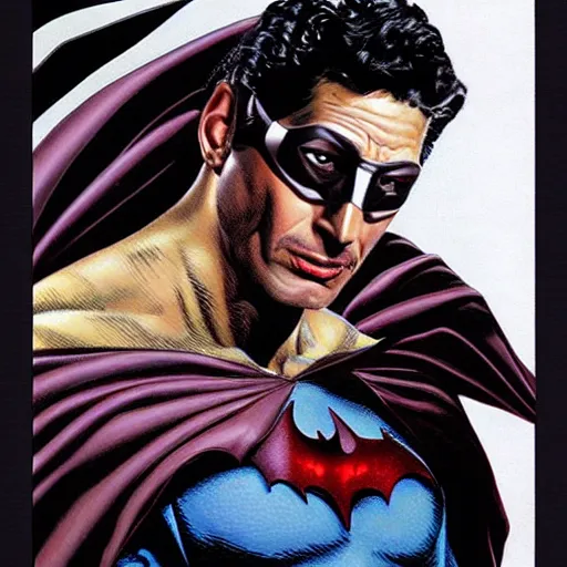 Image similar to young jeff goldblum as batman taking off mask, muscular, batman t shirt, film still, joe jusko, boris vallejo