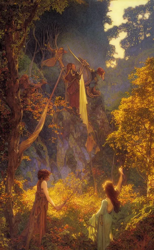 Prompt: adventurers journeying into Rivendell at sunset in the autumn, by Maxfield Parrish, Mucha, Donato Giancola, Thomas Kincade, and James Gurney