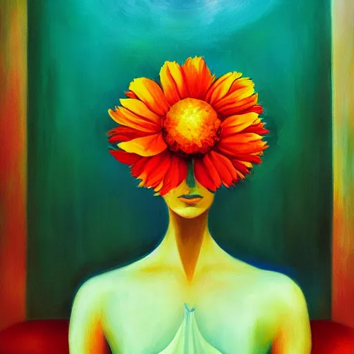 Image similar to huge flower as head, woman standing in a luxury apartment, surreal, dramatic light, impressionist painting, digital painting, artstation, georgia o'keeffe