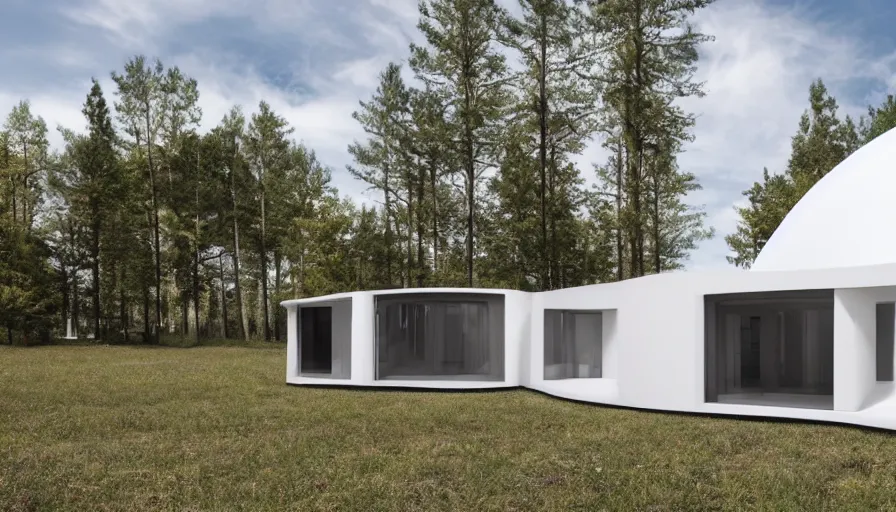 Prompt: A wide image of a full innovative contemporary 3D printed prefab cabin with rounded corners, beveled edges, made of cement, organic architecture, Designed by Gucci, Balenciaga, and Wes Anderson