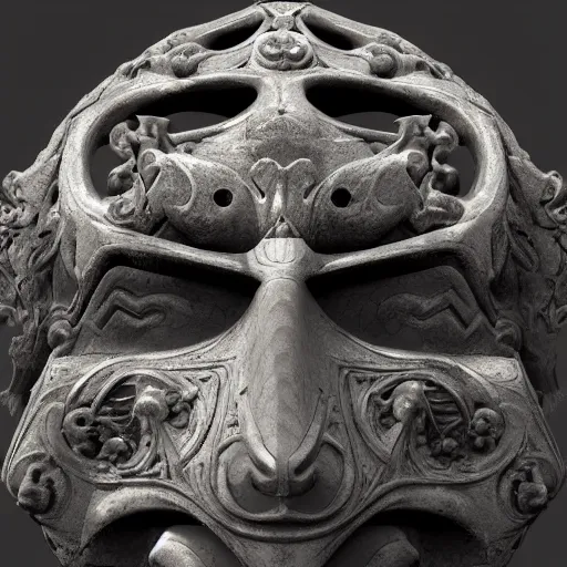 Image similar to an ominous dark ancient mask. hyper - detailed. gothic baroque. symmetric. epic. unreal render.