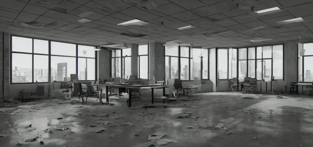 Image similar to photo of abandoned office daytime, bright, 8 k photorealistic, hd, high details, trending on artstation
