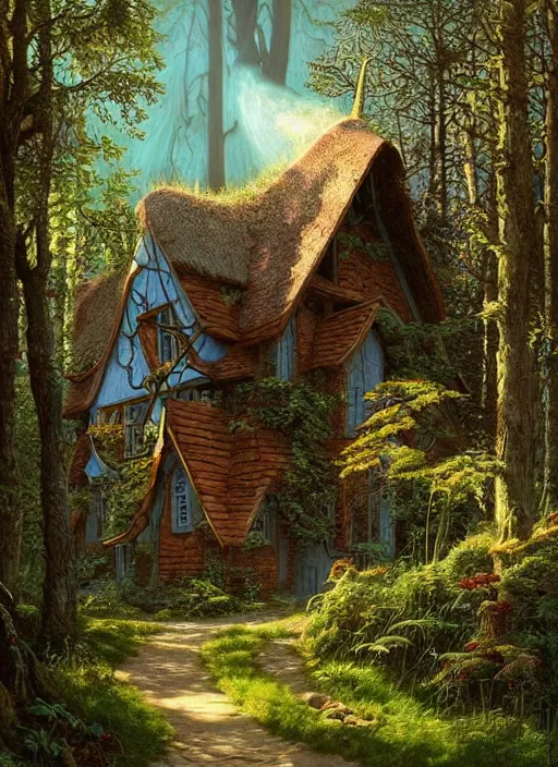 Image similar to hyper realistic homely ornate modern witch cottage distant down a path in the woods gorgeous lighting, blue sky, highly detailed, lush forest by zdzisław beksinski and norman rockwell and greg rutkowskiweta studio, and lucasfilm