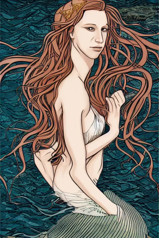 Image similar to mermaid taissa farmiga, in style blend of Botticelli and Æon Flux, amazing detail, stunning lines, flat colors, 4K, digital illustration, character concept