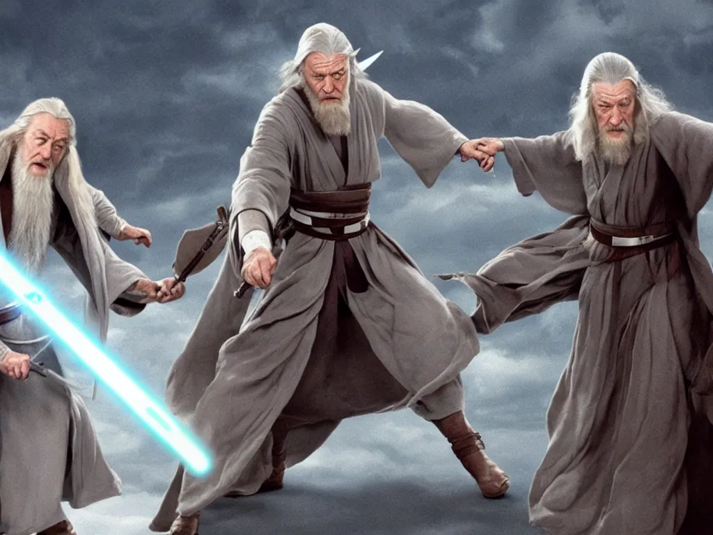 Prompt: Obi Wan fighting Gandalf