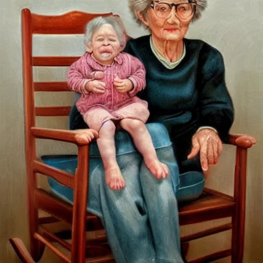 Prompt: hyper-realistic realistic realistic portrait where a very old grandmother appears sitting in a rocking chair. a 3-year-old baby girl appears sitting on the grandmother's leg