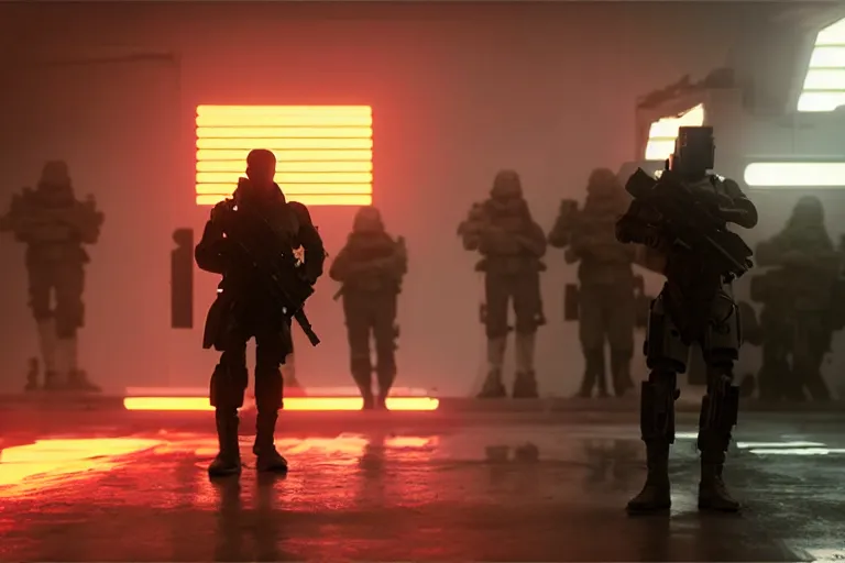 Image similar to vfx film, blade runner 2 0 4 9 futuristic soldiers shoot at enemy robots futuristic war, battlefield war zone, shootout, running, shooting, explosion, battlefront, leaping, flat color profile low - key lighting award winning photography arri alexa cinematography, big crowd, hyper real photorealistic cinematic beautiful, atmospheric cool colorgrade