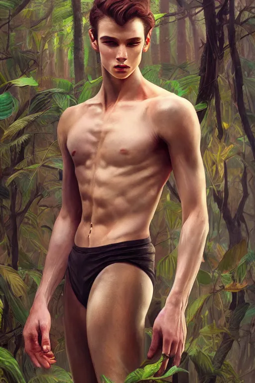 Image similar to stunningly beautiful, male prima ballerina in jungle, symmetrical face, golden hour, smooth, focus, highly detailed, hyper realistic, dramatic lighting, elegant, intricate, concept art, art by wlop, mars ravelo, greg rutowski, artstation