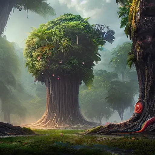 Image similar to giant tree creatures building a city in the middle of the jungle ,style by dylan cole, digital art, matte painting, artstation, concept art