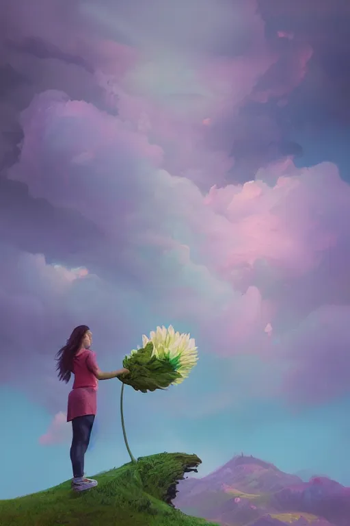 Prompt: perspective giant dahlia flower as head, girl standing on mountain, surreal photography, blue storm clouds, dramatic light, impressionist painting, digital painting, artstation, simon stalenhag