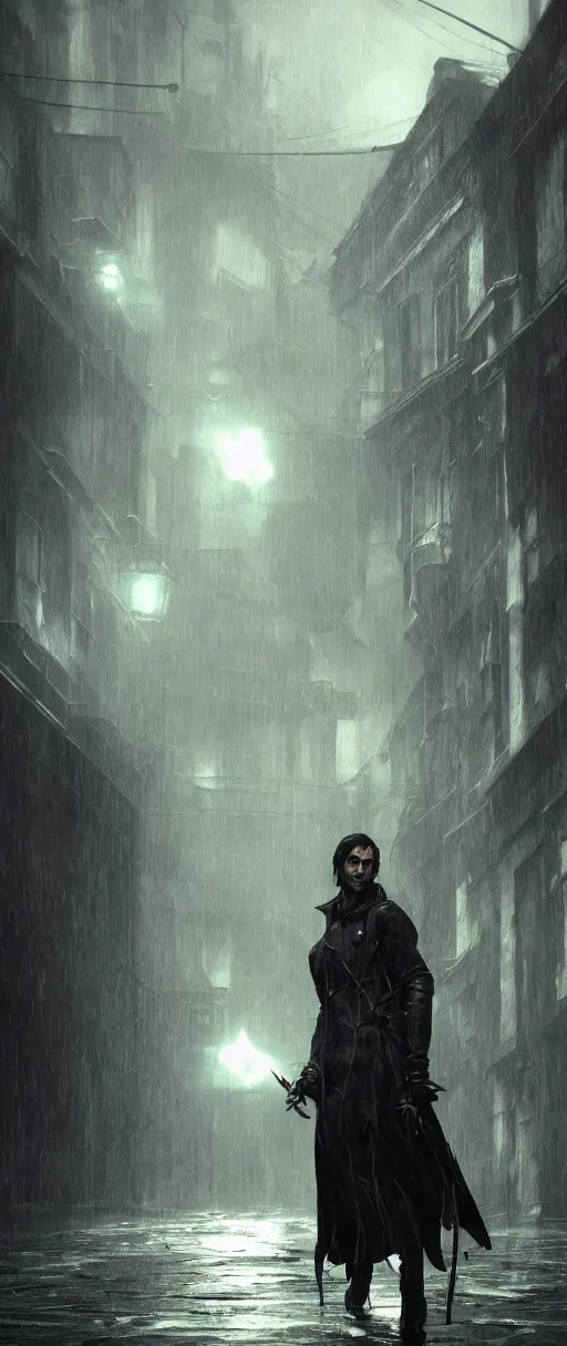 Prompt: Corvo Attano, Dishonored aesthetic, cinematic lighting, rainy weather, melancholy atmosphere, artstation, Dunwall city, gothic architecture, volumetric light, octane render, redshift render, low angle camera, rich deep moody colors, depression and despair