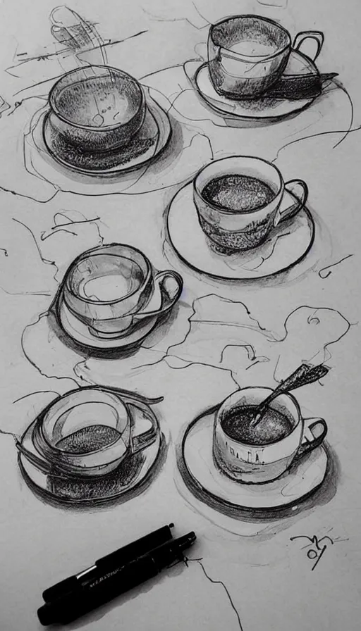 Prompt: 2 cups drawn with fountain pen , beautiful composition , extremely detailed