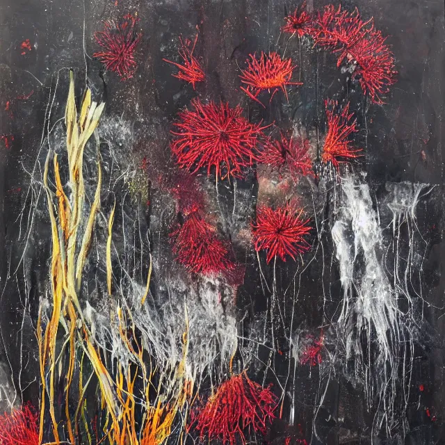 Image similar to “ charred, bushfire, a portrait in a female art student ’ s apartment, australian wildflowers, sensual, queer woman, flax, flannel flower, bottlebrush, eucalyptus, art supplies, a candle dripping white wax, aboriginal art, berry juice drips, acrylic and spray paint and oilstick on canvas, surrealism, neoexpressionism ”