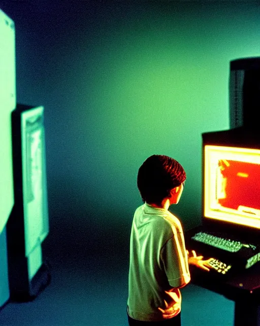 Image similar to 8k professional photo of an 8 years old enlightened and scared boy standing in front of an old computer from 90s with a game doom2 at the monitor screen in a vaporwave space, still from a movie by Gaspar Noe and James Cameron