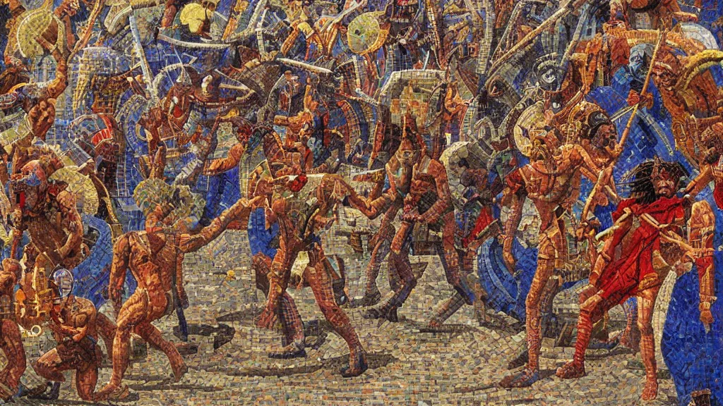 Prompt: A highly detailed mosaic of the Sumerians fending off the Old Ones by Jean Giraud