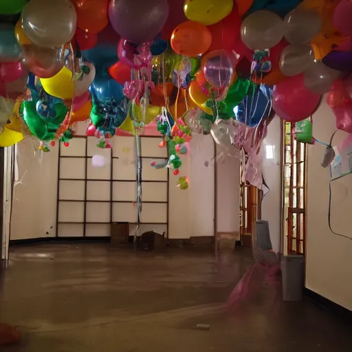 Prompt: photo of the backrooms liminal space with balloons