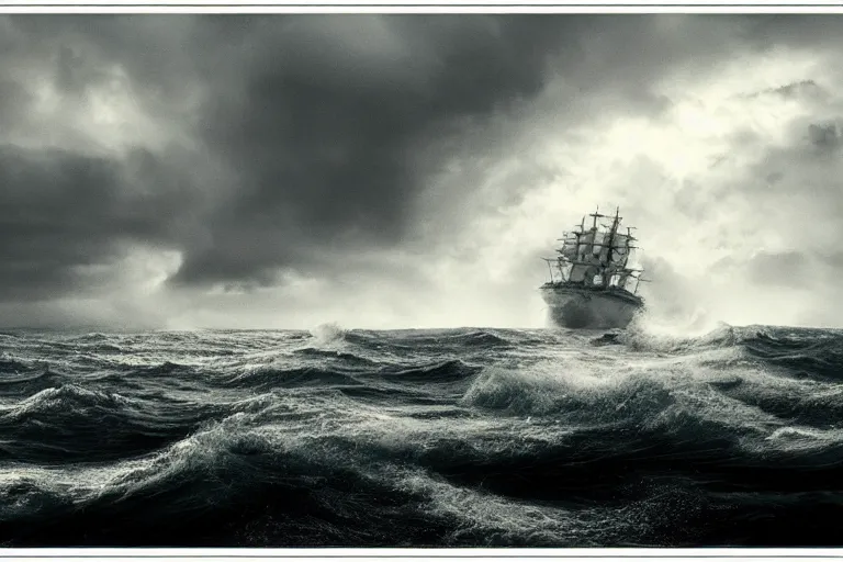 Image similar to a photo of a ship sailing a stormy sea, atmospheric, horror, award - winning photograph, highly detailed shot, cinematic, 8 k uhd