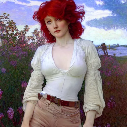 Prompt: A woman with red hair and long pixie haircut in shorts and white shirt drawn by Donato Giancola and Jon Foster, Frank Frazetta, Alphonse Mucha, background by James Jean and Gustav Klimt, French Nouveau, 4K hyperrealism, volumetric lighting, trending on ArtStation
