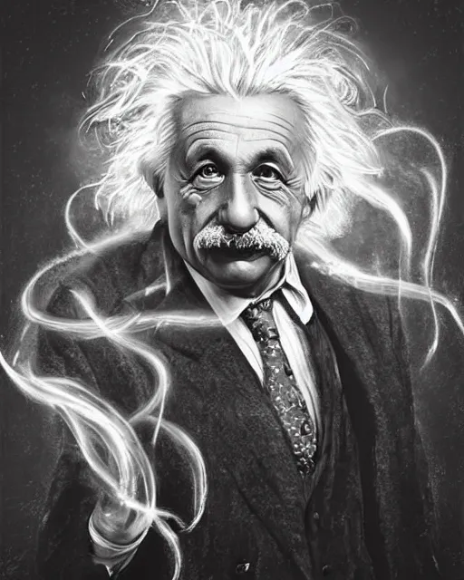 Image similar to a highly detailed portrait of Einstein as a devious male magician radiating a powerful energy aura, ornate back tuxedo, wispy tendrils of smoke, swirling vortex of energy, performance art, intricate, digital painting, old english, raining, sepia, particles floating, whimsical background by marc simonetti, art by artgerm and greg rutkowski and alphonse mucha