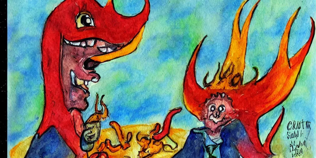 Prompt: children's artbook depiction of satan, crudely drawn, art book, oilpaint, watercolor, funny, goofy