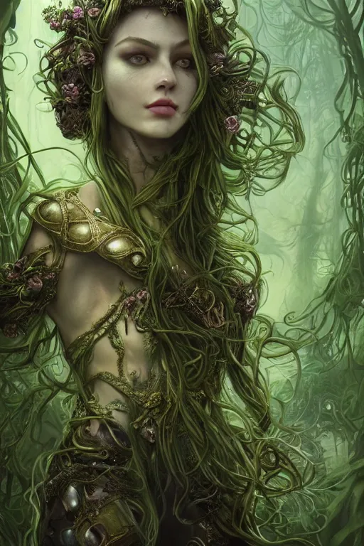 Image similar to a beautiful young woman, Vraska golgari queen, long flowing medusa hair, mostly green and leather pirate armor, young female face, vine like plants and jungle background, cinematic top lighting, insanely detailed and intricate, face by wlop, Charlie Bowater, golden ratio, symmetric, elegant, ornate, luxury, elite, matte painting, MTG, magic the gatheing, cinematic, cgsociety, 8k, high resolution