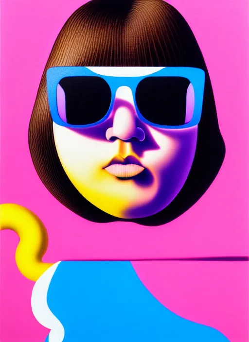 Image similar to cute girl with shades by shusei nagaoka, kaws, david rudnick, airbrush on canvas, pastell colours, cell shaded, 8 k