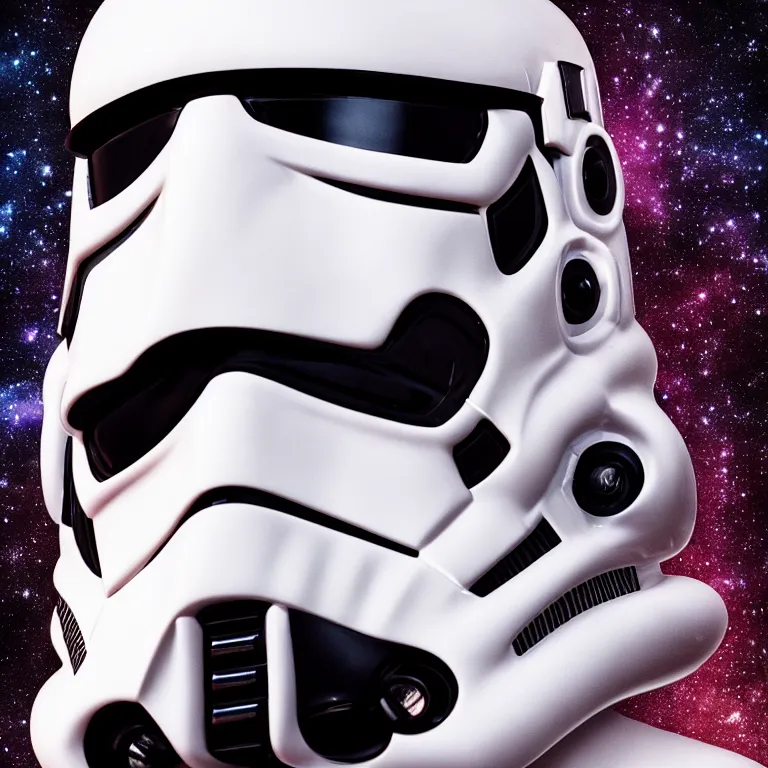 Image similar to stormtrooper darth vader hybrid from star wars, high quality portrait photoshoot, bokeh, studio lighting, high fashion photoshoot, nebula space background, 8 k