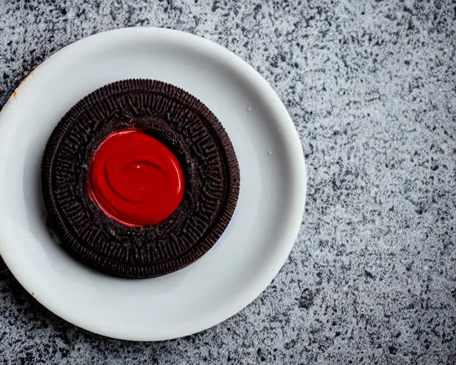 Image similar to dlsr food photograph of an oreo dipped in ketchup, on a white platebokeh, 5 0 mm f 1. 4